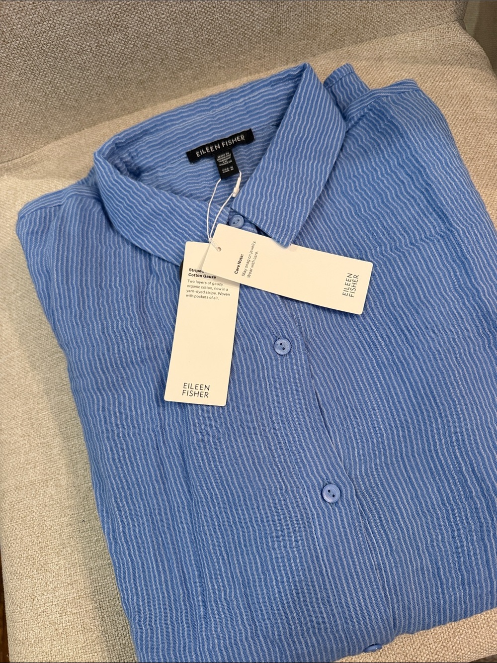 NWT Eileen Fisher Cotton Gauze Striped Classic Collar Shirt - Cornflower - Picture 6 of 6